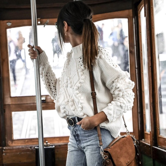 Rouge! Sweaters - Pom Pom Detail Oversized White Sweater High Neck